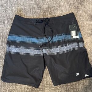 Men's Travis Matthews Black and Blue Striped Swim Trunks